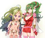  belt black_gloves blush breasts cape chiki cleavage covered_navel covered_nipples fire_emblem fire_emblem:_kakusei fire_emblem:_monshou_no_nazo fire_emblem_heroes garter_straps gloves green_eyes green_hair large_breasts long_hair looking_at_viewer mamkute multiple_girls navel nono_(fire_emblem) open_mouth pink_legwear pointy_ears ponytail purple_eyes red_gloves ryoji_(nomura_ryouji) simple_background small_breasts smile teeth thighhighs white_background 