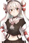 absurdres adapted_costume amatsukaze_(kantai_collection) black_gloves black_skirt brown_eyes fingerless_gloves frown gloves highres kantai_collection long_hair midriff pleated_skirt ranf sailor_collar short_sleeves silver_hair skirt solo two_side_up white_background 