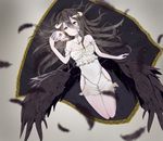  albedo black_hair black_wings blurry breasts carpet closed_mouth commentary_request demon_horns depth_of_field detached_collar dress feathered_wings feathers from_above full_body hair_between_eyes hand_up holding_skull horns long_hair looking_at_another lying medium_breasts on_back overlord_(maruyama) pale_skin sagoshi short_dress silk solo spider_web torn_clothes torn_dress white_dress wings 