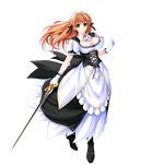  amasaka_takashi boots breasts cleavage dress full_body gloves headdress highres holding holding_sword holding_weapon large_breasts long_hair looking_at_viewer mariel_esterido official_art orange_eyes orange_hair smile solo sword transparent_background underbust unionism_quartet weapon white_gloves 