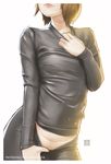  breasts brown_hair collar_tug commentary contrapposto derivative_work erica_june_lahaie groin head_out_of_frame highres light light_particles lips original pants_pull signature small_breasts smile solo standing watermark web_address 