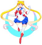  1girl bishoujo_senshi_sailor_moon blonde_hair blue_eyes breasts choker earrings gloves highres jewelry long_hair looking_at_viewer medium_breasts moon_earrings multicolored_hair navel pink_hair sailor_moon skindentation solo theycallhimcake thick_thighs thighhighs thighs tsukino_usagi twintails very_long_hair white_gloves white_legwear 