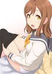  black_legwear blush bow bowtie brown_hair eyebrows_visible_through_hair ha-ru kunikida_hanamaru long_hair long_sleeves looking_at_viewer love_live! love_live!_sunshine!! no_pants open_mouth panties pantyhose pantyhose_pull removing_legwear sailor_collar school_uniform serafuku simple_background solo thighs underwear uranohoshi_school_uniform white_background white_panties yellow_bow yellow_eyes yellow_neckwear 