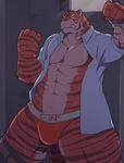  abs anthro blush bound bulge byasaka clothed clothing colored feline male mammal muscular pants_down partially_clothed pecs simple_background solo tiger underwear 