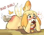  &lt;3 animal_crossing anthro ball_gag blush borvar butt canine collar english_text female fur gag isabelle_(animal_crossing) mammal nintendo nude simple_background solo spanking text video_games white_background yellow_fur 