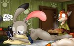  2017 anthro ass_up bed biting_lip bottomless cellphone cheek_tuft clock clothed clothing cup detailed_background dipstick_ears discarded_clothing disney duo earbuds elbow_tufts female food gloves_(marking) half-closed_eyes hawaiian_shirt headphones hi_res holding_object inner_ear_fluff inside judy_hopps lamp lying male markings nick_wilde on_bed on_front pen phone pizza purple_eyes sandwich-anomaly shirt shoulder_tuft spread_legs spreading text thought_bubble tuft wide_eyed zootopia 