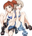  :p aki_(girls_und_panzer) ankle_boots back-to-back bangs bike_shorts black_shorts blue_bra blue_footwear blunt_bangs boots bra clothes_around_waist from_behind girls_und_panzer green_eyes grey_legwear hair_tie hand_on_own_face jacket_around_waist keizoku_military_uniform keizoku_school_uniform light_brown_hair loafers looking_at_viewer mikko_(girls_und_panzer) military military_uniform multiple_girls open_mouth red_eyes red_hair shino_(ten-m) shirt_pull shoes short_hair short_twintails shorts simple_background sitting smile socks strapless strapless_bra tongue tongue_out twintails underwear uniform white_background 