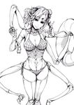  bikini breasts carapace claws cleavage extra_eyes greyscale highres insect_girl large_breasts looking_at_viewer mandibles monochrome monster_girl multiple_arms nakamura_regura original sketch smile solo spider_girl swimsuit v white_background 