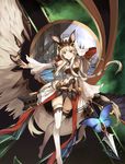  bangs blue_eyes breasts butterfly_wings commentary_request dress eruthika fantasy highres holding holding_spear holding_weapon long_hair looking_at_viewer mirror navel original outstretched_arm parted_lips polearm small_breasts smile solo spear thighhighs veil weapon white_dress white_hair white_legwear wings 