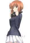  bangs blue_jacket brown_eyes brown_hair closed_mouth cowboy_shot from_side girls_und_panzer headphones headphones_around_neck holding jacket light_smile long_sleeves looking_at_viewer military military_uniform miniskirt nishizumi_miho ooarai_military_uniform pleated_skirt shino_(ten-m) short_hair signature simple_background skirt solo standing uniform white_background white_skirt 