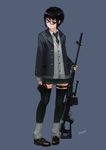  absurdres black_hair dragunov_svd full_body glasses gun highres holding holding_weapon jacket karamas loafers original pigeon-toed rifle shoes simple_background sniper_rifle solo thigh_strap thighhighs weapon 
