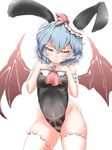  adapted_costume animal_ears ascot bat_wings black_leotard blue_hair bunny_ears bunny_tail collar hat highleg highleg_leotard highres leotard mob_cap red_eyes red_neckwear remilia_scarlet short_hair solo tail thighhighs tomako_(tatihitoe) touhou wings 