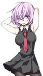  alternate_costume arms_behind_head bare_shoulders black_legwear blush breasts contrapposto fate/grand_order fate_(series) hair_over_one_eye highres mash_kyrielight medium_breasts messy_hair necktie pantyhose parted_lips purple_eyes purple_hair red_neckwear short_hair solo standing ukyou weapon white_background 