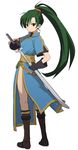  black_shirt boots brown_footwear drawing_sword fire_emblem fire_emblem:_rekka_no_ken gloves green_eyes green_hair hairband high_ponytail knee_boots leon_(mikiri_hassha) long_hair looking_at_viewer looking_back lyndis_(fire_emblem) ponytail red_hairband sheath shirt smile solo sword unsheathing very_long_hair weapon yellow_sash 