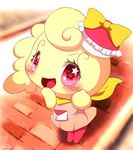  blonde_hair blush brick clothed clothing coffretchi female fur hair hat humanoid legwear open_mouth pouch red_eyes ribbons scarf skirt solo star_eyes tamagotchi tights tongue yellow_fur zeru_(ma) 