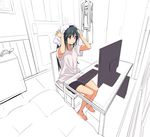  alternate_costume armpit_peek barefoot bed bike_shorts black_hair brown_eyes clothes_hanger collarbone computer_tower door drying drying_hair haruna_(kantai_collection) headwear_removed indoors kantai_collection keyboard_(computer) leon_(mikiri_hassha) light_switch long_hair monitor partially_colored perspective room shirt solo towel white_shirt 