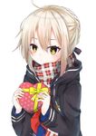  ahoge artoria_pendragon_(all) bangs blonde_hair blush box braid closed_mouth duffel_coat eyebrows_visible_through_hair fate/grand_order fate_(series) french_braid gift hair_between_eyes heart-shaped_box holding holding_gift looking_at_viewer mysterious_heroine_x_(alter) neckerchief plaid plaid_scarf pursed_lips red_neckwear red_scarf scarf school_uniform serafuku sidelocks simple_background siroyuki solo upper_body valentine white_background yellow_eyes 