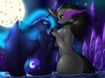  2017 anthro anthrofied black_hair blue_eyes breasts cutie_mark duo equine eye_contact eye_mist female friendship_is_magic full_moon green_sclera hair half-closed_eyes hand_holding horn king_sombra_(mlp) long_hair mammal moon my_little_pony nightmare_moon_(mlp) nude outside partially_submerged red_eyes suirano unicorn water winged_unicorn wings 