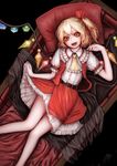  ascot bad_id bad_pixiv_id belt blonde_hair coffin collar fangs fingernails flandre_scarlet frilled_collar frills from_above hair_ribbon highres knees_together layered_skirt looking_at_viewer lying nail_polish nishi_masakazu no_hat no_headwear on_back open_clothes open_mouth open_vest petticoat pillow pointy_ears puffy_short_sleeves puffy_sleeves red_eyes red_nails red_skirt red_vest ribbon sharp_fingernails short_hair short_sleeves side_ponytail skirt skirt_lift slit_pupils solo touhou vampire vest wings 