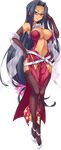  absurdres belt beltskirt between_legs black_hair breasts brown_gloves brown_legwear center_opening crossed_belts dress elbow_gloves full_body glasses gloves green_eyes hand_to_head high_heels highres katagiri_hinata koihime_musou large_breasts long_hair low-tied_long_hair mole mole_under_eye navel official_art pelvic_curtain pumps red-framed_eyewear semi-rimless_eyewear shuuyu solo thighhighs transparent_background very_long_hair 