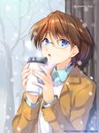  accel_world artist_name blue_eyes brown_hair coffee glasses jacket male_focus mayuzumi_takumu open_mouth snowing solo tree trianon upper_body 