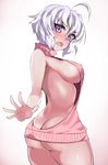  ahoge ass backless_dress backless_outfit bare_back blush breasts butt_crack covered_nipples dress gradient gradient_background hevn large_breasts looking_at_viewer meme_attire naked_sweater open_mouth pink_sweater purple_eyes senki_zesshou_symphogear short_hair sideboob simple_background solo sweater sweater_dress turtleneck turtleneck_sweater twintails virgin_killer_sweater yukine_chris 