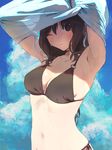  ;( armpits arms_up bad_revision bangs bikini black_bikini black_ribbon blue_shirt blue_sky blush breasts brown_eyes brown_hair cleavage closed_mouth cloud collarbone day eyebrows_visible_through_hair hair_between_eyes highres long_hair looking_at_viewer md5_mismatch medium_breasts navel o-ring o-ring_bikini original ribbon see-through shirt side-tie_bikini sky sleeveless sleeveless_shirt solo stomach swimsuit tentsuu_(tentwo) undressing upper_body 