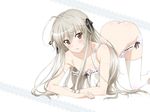  ahoge all_fours areolae ass black_ribbon bra breasts brown_eyes cleavage collarbone grey_hair hair_ribbon kasugano_sora lace lace-trimmed_panties long_hair looking_at_viewer panties panty_pull parted_lips ribbon shiny shiny_skin simple_background small_breasts solo thighhighs underwear very_long_hair white_background white_bra white_legwear white_panties yosuga_no_sora 