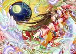  2017 arm_above_head armpits breasts brown_eyes brown_hair cherry_blossoms cloud dated detached_sleeves fan fan_dancing feathers floral_print flower folding_fan full_moon hair_flower hair_ornament japanese_clothes kimono large_breasts light_smile light_trail lips lipstick long_hair looking_at_viewer lotus makeup moon nail_polish night original pink_nails red_lipstick ryos-room-eden sideboob signature solo thighhighs very_long_hair white_legwear window 
