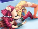  2girls boots brown_hair bun_cover digdug006 double_bun dress hair_ribbon kanamori_reiko leotard long_hair multiple_girls mutou_megumi open_mouth panties red_panties ribbon ryona shaking skirt suplex sweat thigh_boots thighhighs trembling underwear upside-down very_long_hair wrestle_angels wrestle_angels_survivor wrestle_angels_survivor_2 wrestling wrestling_outfit 