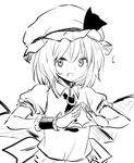  ascot bat_wings brooch fang greyscale happy hat hat_ribbon jewelry leon_(mikiri_hassha) looking_at_viewer mob_cap monochrome open_mouth puffy_short_sleeves puffy_sleeves remilia_scarlet ribbon short_hair short_sleeves smile solo steepled_fingers touhou wings wrist_cuffs 