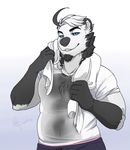  anthro bear clothing fur hair looking_at_viewer male mammal redpixie shirt smile solo standing sweat towel wet_shirt 