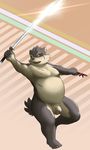  anthro canine dog katana magic male mammal melee_weapon moritaka nude overweight penis scar simple_background slightly_chubby solo sword tokyo_afterschool_summoners treadway weapon 