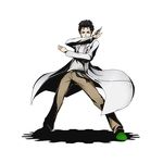  alpha_transparency belt black_hair brown_eyes brown_pants divine_gate full_body green_footwear labcoat looking_at_viewer official_art okabe_rintarou pants shoes solo spiked_hair steins;gate transparent_background ucmm 