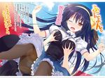  1girl absolute_duo asaba_yuu black_legwear blue_hair blue_skirt breast_grab breasts brown_hair day grabbing groping hair_ribbon highres kouryou_academy_uniform large_breasts long_hair novel_illustration official_art one_eye_closed open_mouth orange_eyes outdoors pantyhose ribbon short_hair skirt tachibana_tomoe_(absolute_duo) yellow_ribbon 