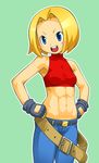  1zu3 abs armpits bare_shoulders belt blonde_hair blue_eyes blue_mary blush breasts denim fatal_fury fingerless_gloves gloves halter_top halterneck jeans midriff muscle navel pants short_hair small_breasts smile solo the_king_of_fighters 