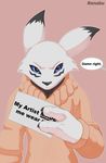  annoyed blue_eyes clothing digimon fur looking_at_viewer renabu renamon sign solo speech_bubble sweater 