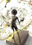  black_neckwear black_pants blurry book chrysanthemum commentary copyright_name deemo deemo_(character) evolution_era_(deemo) flower formal glowing highres leaf legs_apart looking_up necktie pants paper petals plant sishenfan solo standing suit tuxedo vines white_background 