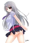  1girl ass bishop_weyland blush breasts eyepatch infinite_stratos laura_bodewig long_hair looking_at_viewer necktie open_mouth panties parted_lips red_eyes shiny shiny_hair shiny_skin silver_hair simple_background skirt solo very_long_hair white_background 