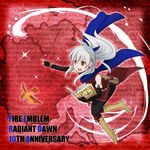  :o anniversary bare_shoulders bird black_gloves black_legwear blue_scarf copyright_name dress elbow_gloves english fingerless_gloves fire_emblem fire_emblem:_akatsuki_no_megami gloves hair_ribbon half_updo long_hair magic micaiah mizuki_kyuuba open_mouth pantyhose red_background ribbon scarf side_slit silver_hair sleeveless sleeveless_dress solo v-shaped_eyebrows yellow_eyes yune 