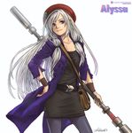  alyssa_l'salle artist_name belt black_dress character_name copyright_name cosmic_star_heroine dice9999 dress hand_on_hip hat highres jacket long_coat long_hair pantyhose purple_eyes signature silver_hair simple_background solo staff weapon white_background 