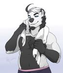  anthro bear clothed clothing fur hair looking_at_viewer male mammal redpixie smile solo standing sweat towel 