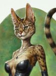  2015 anthro breasts bust_portrait cleavage clothed clothing corset elbow_gloves eldar_zakirov feline female fur gloves green_eyes hi_res holding_object inner_ear_fluff jewelry leather lingerie looking_at_viewer mammal midriff navel necklace portrait ringed_tail serval simple_background smile solo spots spotted_fur whip 