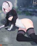  1girl android ass back_cutout black_blindfold black_gloves black_hairband blindfold breasts cleavage cleavage_cutout commentary covered_eyes feather-trimmed_sleeves gloves hair_over_one_eye hairband hand_on_ground leotard lewdlux long_sleeves lying medium_breasts nier_(series) nier_automata on_ground open_mouth patreon_logo patreon_username signature snow snowflakes thighhighs thighhighs_under_boots white_hair white_leotard yorha_no._2_type_b 