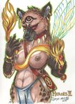  alientiamat bracelet breasts clothed clothing dragon_fly ear_piercing gnoll heroes_of_might_and_magic heroes_of_might_and_magic_iii hyena jewelry loincloth mammal necklace nipples piercing red_eyes rosic spellbook tattoo topless 