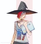  blonde_hair blue_eyes bra_strap collar collarbone computer erica_june_lahaie gradient_hair hair_over_one_eye hat jersey laptop light multicolored_hair original pleated_skirt red_hair signature skirt solo strap_slip tattoo upper_body witch_hat 