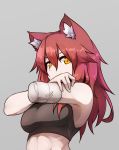  1girl amputee animal_ear_fluff animal_ears armpits bangs bare_shoulders breasts cat_ears closed_mouth covered_mouth grey_background hair_between_eyes large_breasts looking_at_viewer original red_hair ryota_tentei simple_background solo sports_bra toned upper_body yellow_eyes 