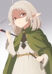  1girl absurdres ahoge akure1129 anger_vein angry broken broken_wand cape collared_cape commentary diamond_earrings dress earrings elf gradient_background green_cape grey_background grey_dress grey_hair highres jewelry looking_at_viewer medium_hair mushoku_tensei orange_eyes parted_lips pleated_dress pointy_ears shaded_face single_earring solo sylphiette_(mushoku_tensei) translation_request upper_body wand 