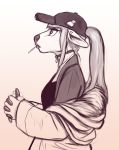  2018 anthro baseball_cap cervine choker clothed clothing constance_(glopossum) digital_media_(artwork) female glopossum greyscale hair hat jacket long_hair mammal monochrome ponytail shirt side_view simple_background solo standing white_background 