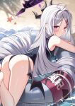  1girl ahoge ass beach black_halo black_horns black_one-piece_swimsuit black_wings blue_archive blush closed_mouth commentary_request day demon_girl demon_horns demon_wings diffraction_spikes feet_out_of_frame grey_hair hair_ornament hairclip halo highres hina_(blue_archive) hina_(swimsuit)_(blue_archive) horns innertube long_hair looking_at_viewer low_wings lying multicolored_halo multiple_horns official_alternate_costume on_stomach one-piece_swimsuit one-piece_thong outdoors parted_bangs purple_eyes purple_halo shore solo starfish swim_ring swimsuit two-tone_halo very_long_hair water water_drop wet wings yon_(letter) 